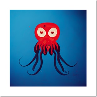 Little Red Octopus with blue tentacles. Posters and Art